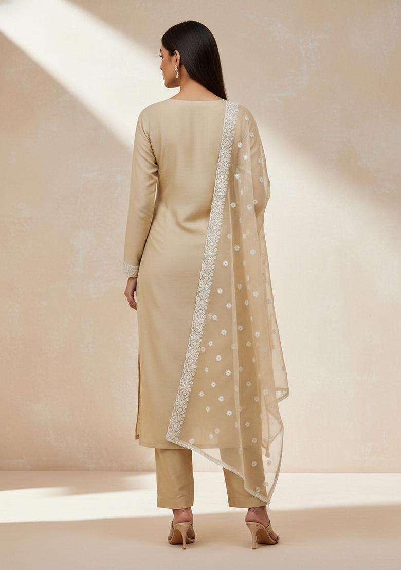 Beige Embroidery Chanderi Kurta Set - Indya
