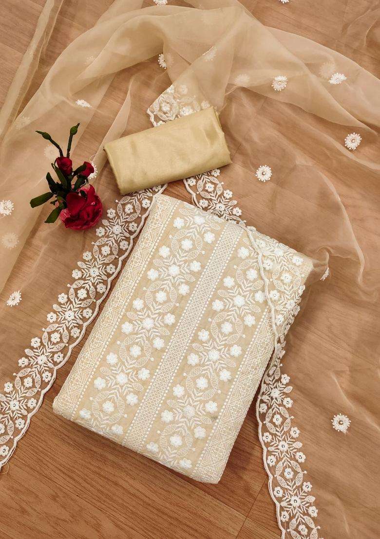 Beige Embroidery Chanderi Kurta Set - Indya