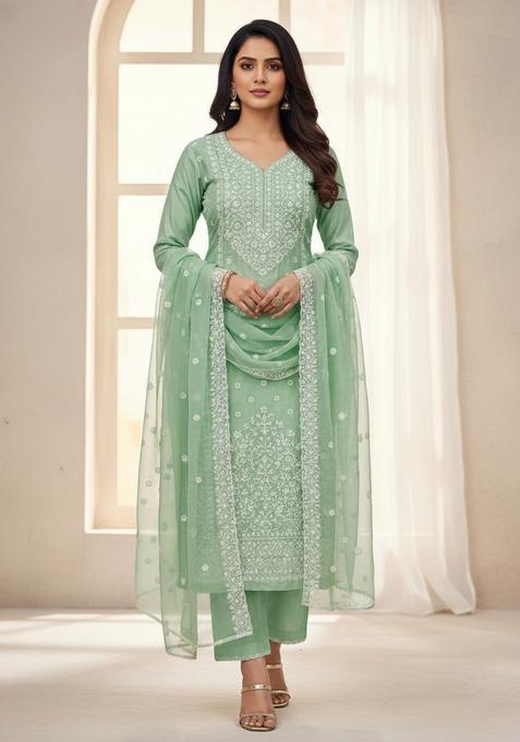 Green Embroidery Chanderi Kurta Set