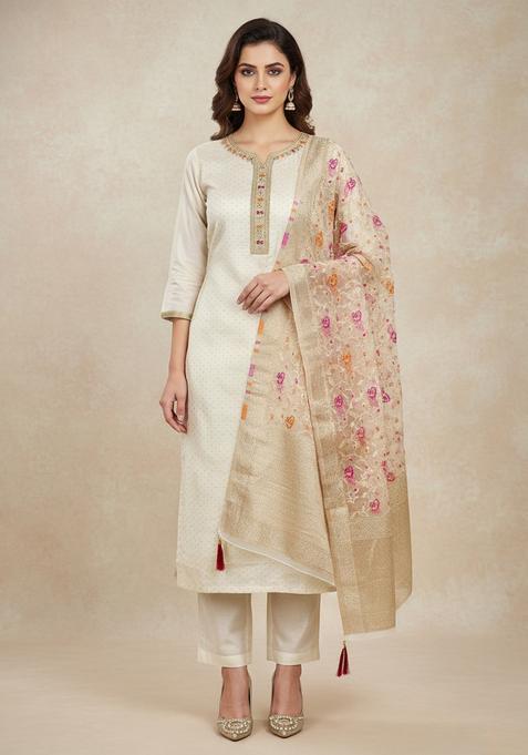 White Embroidery Jacquard Kurta Set