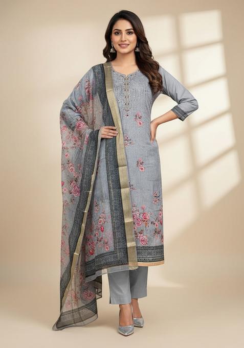 Grey Embroidery Jacquard Kurta Set