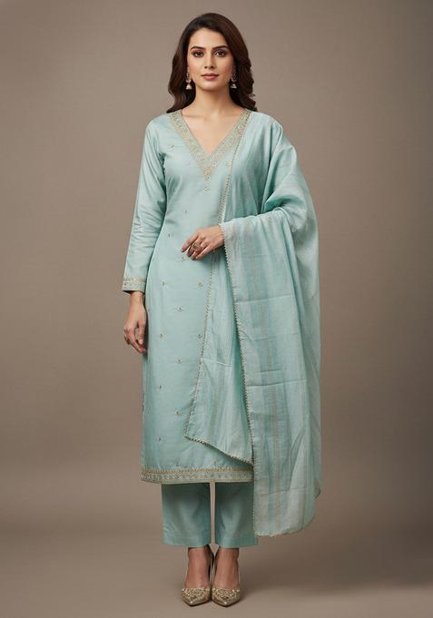 Blue Embroidery Jacquard Kurta Set