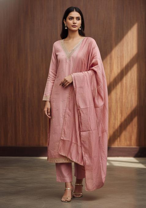 Pink Embroidery Jacquard Kurta Set