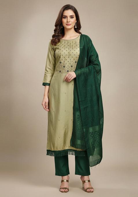 Green Embroidery Silk Kurta Set