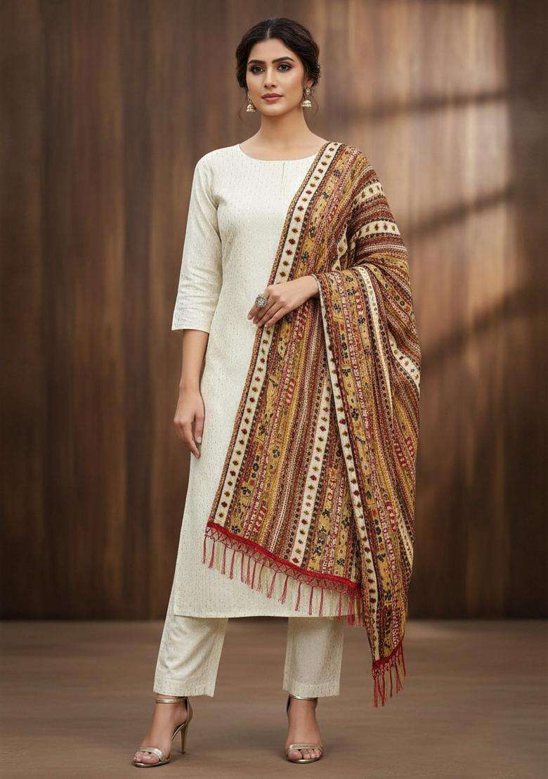 White Embroidery Chanderi Kurta Set - Indya