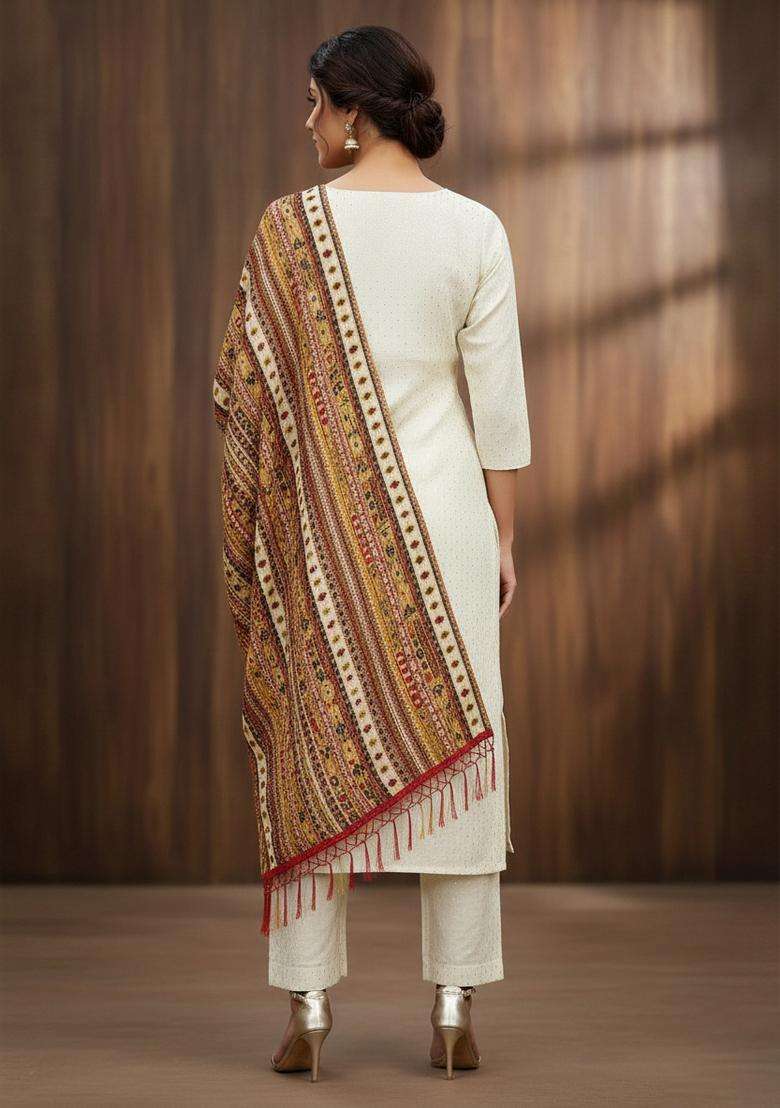 White Embroidery Chanderi Kurta Set - Indya