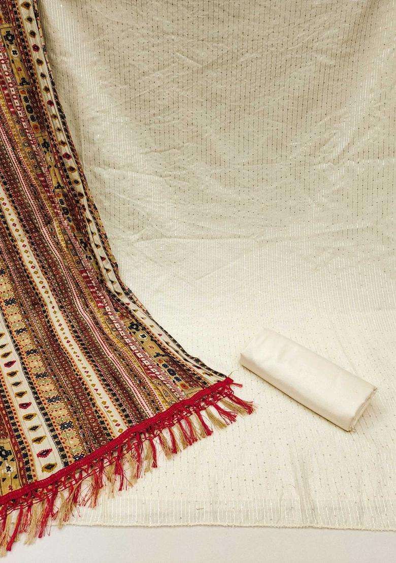 White Embroidery Chanderi Kurta Set - Indya