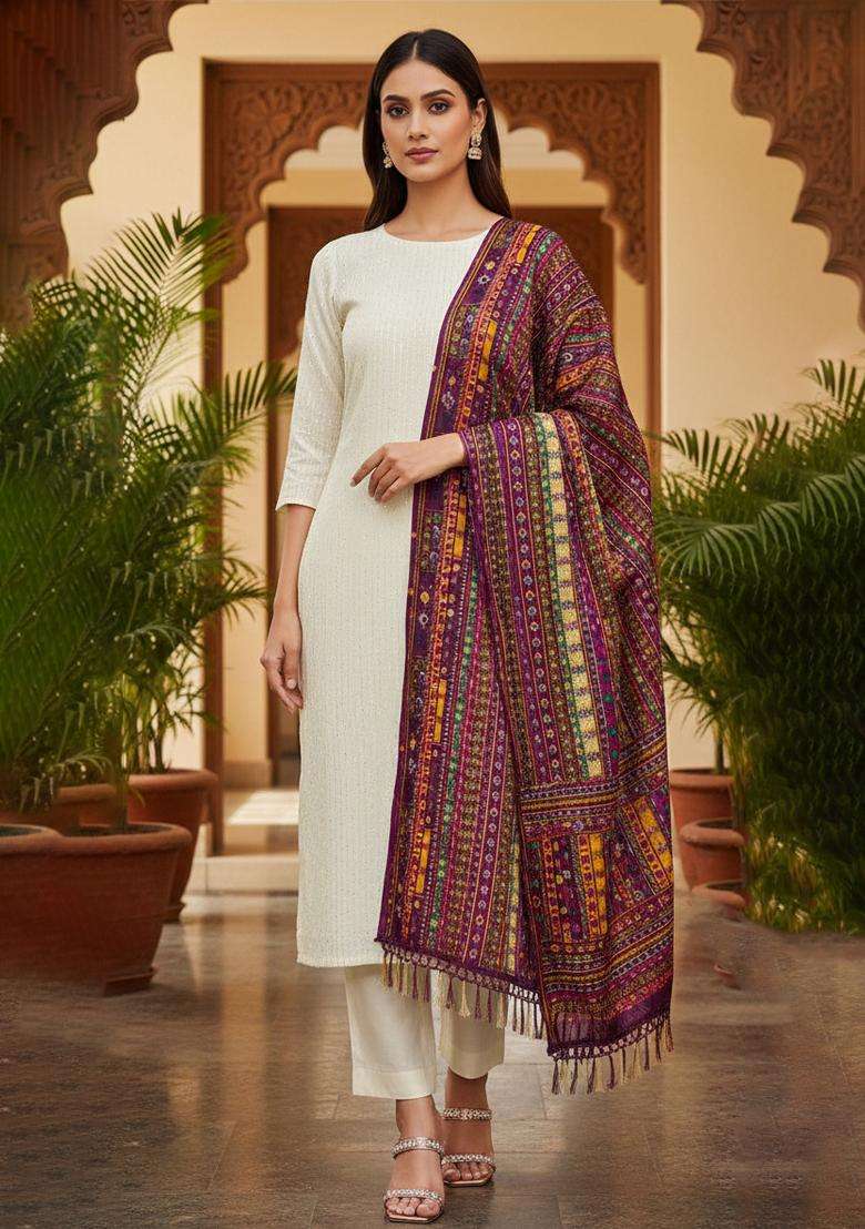 Purple Embroidery Chanderi Kurta Set - Indya