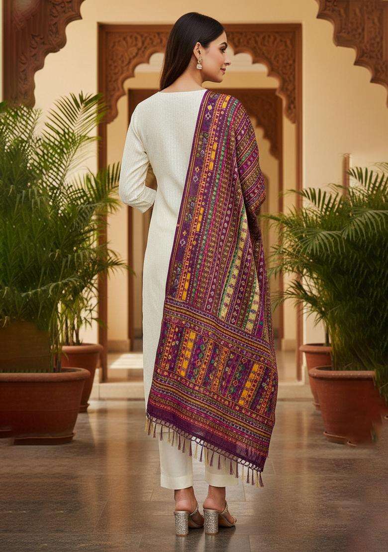 Purple Embroidery Chanderi Kurta Set - Indya
