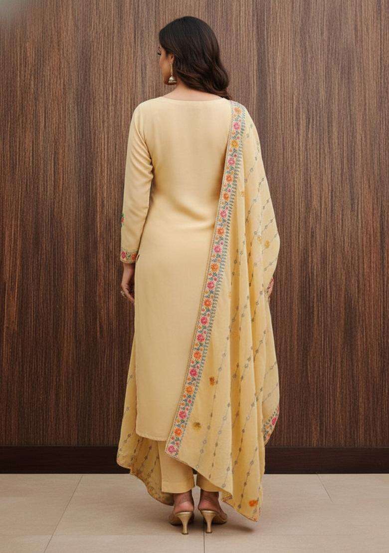 Beige Embroidery Georgette Kurta Set - Indya