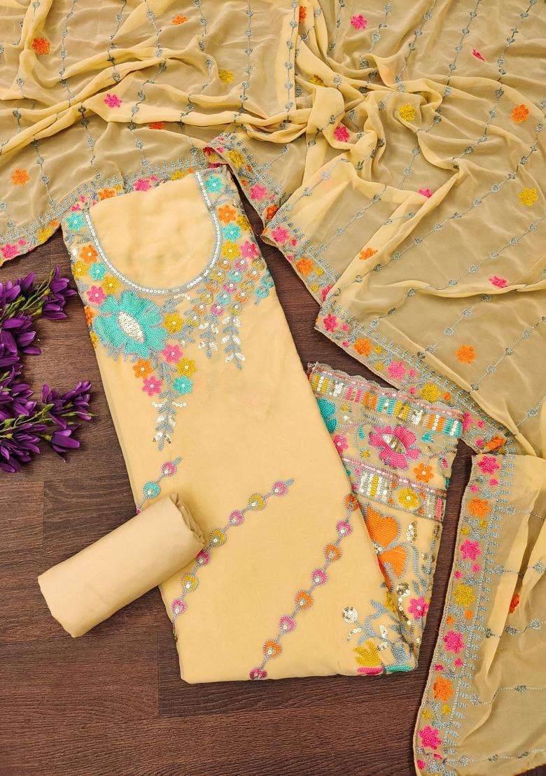 Beige Embroidery Georgette Kurta Set - Indya