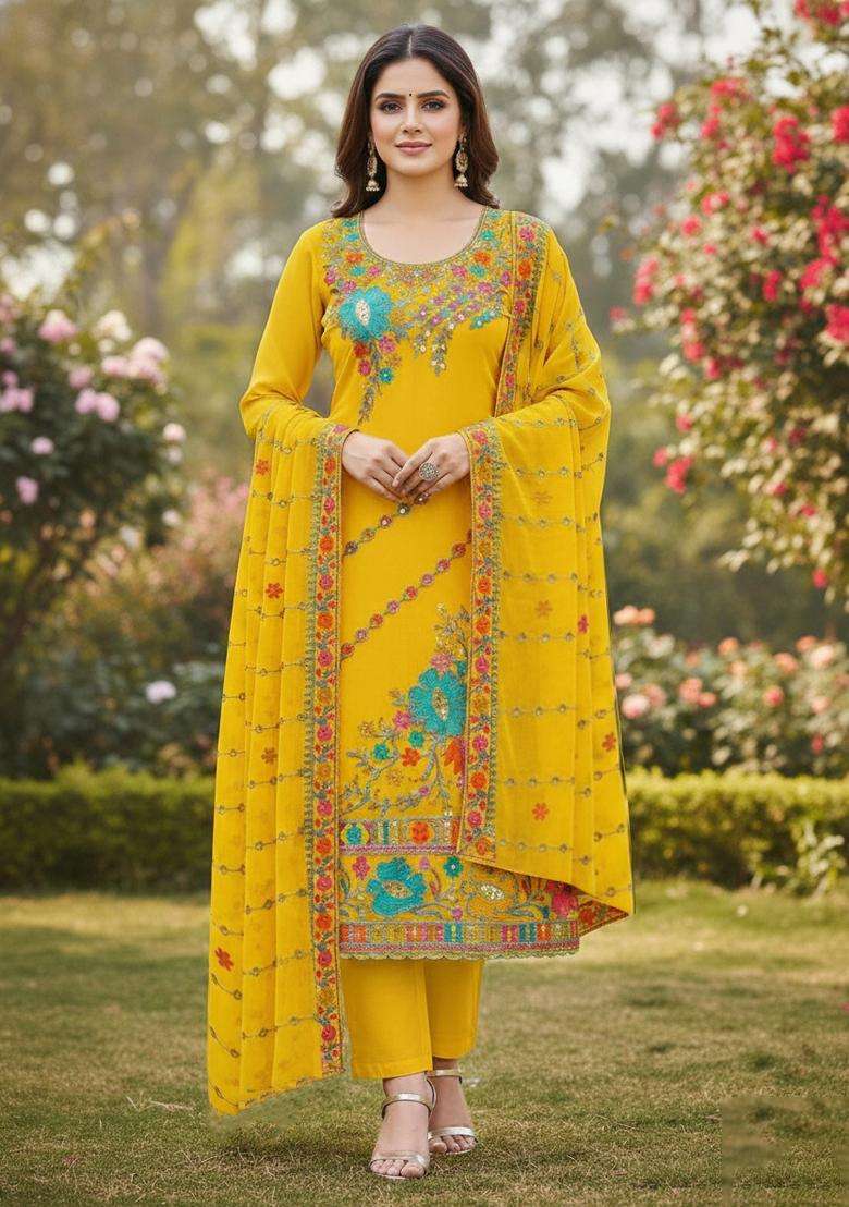 Yellow Embroidery Georgette Kurta Set - Indya