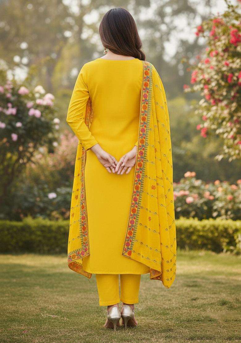 Yellow Embroidery Georgette Kurta Set - Indya