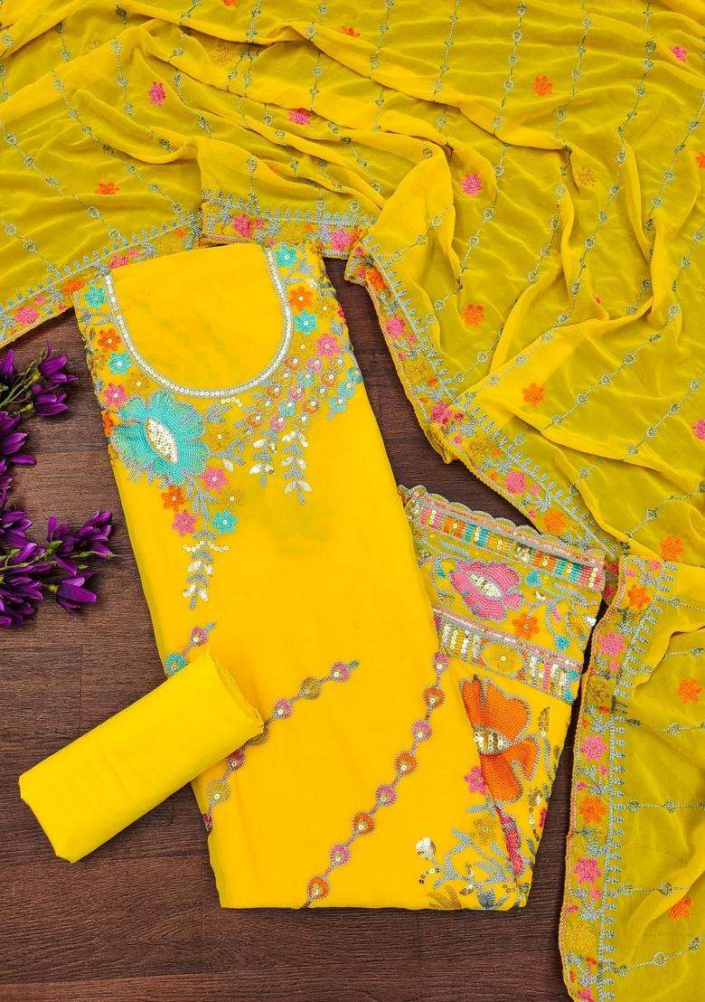 Yellow Embroidery Georgette Kurta Set - Indya