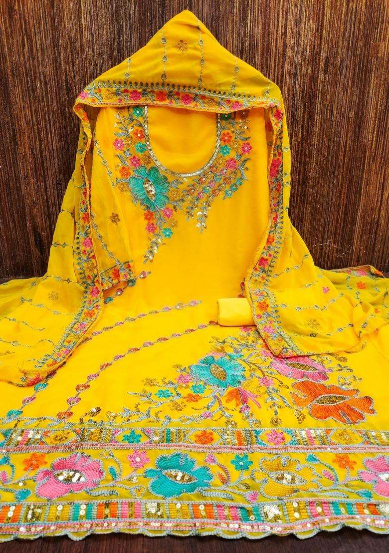 Yellow Embroidery Georgette Kurta Set - Indya