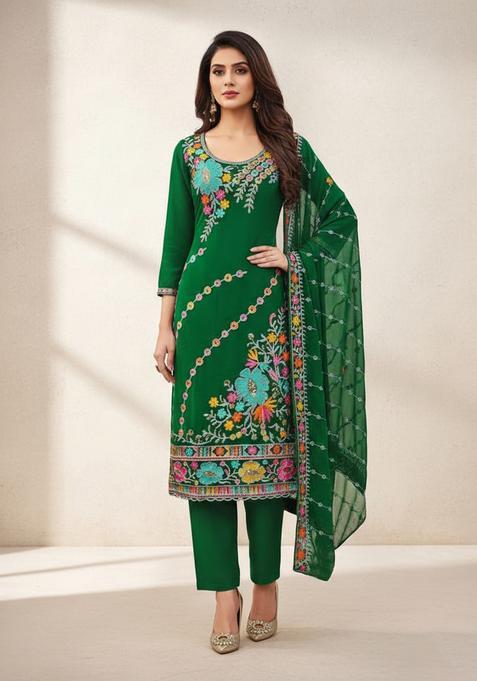 Green Embroidery Georgette Kurta Set