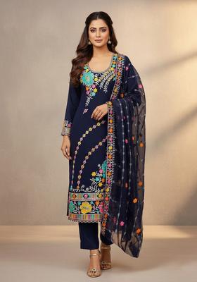 Navy Blue Embroidery Georgette Kurta Set