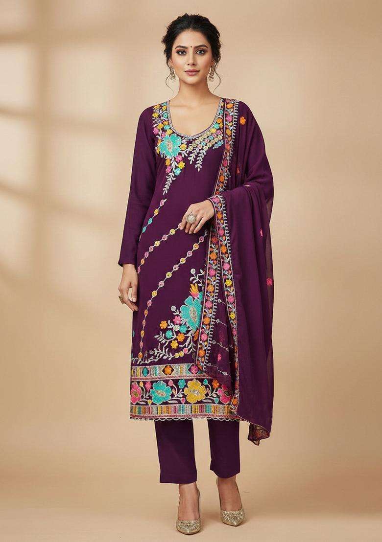 Purple Embroidery Georgette Kurta Set - Indya