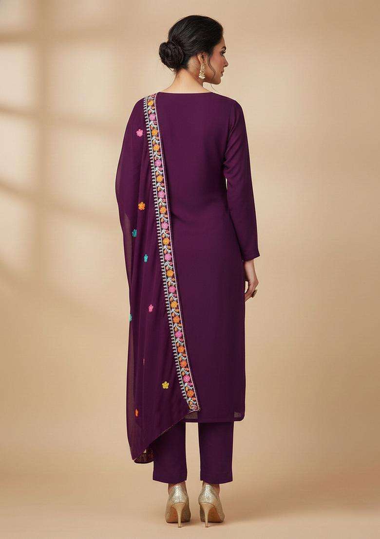 Purple Embroidery Georgette Kurta Set - Indya