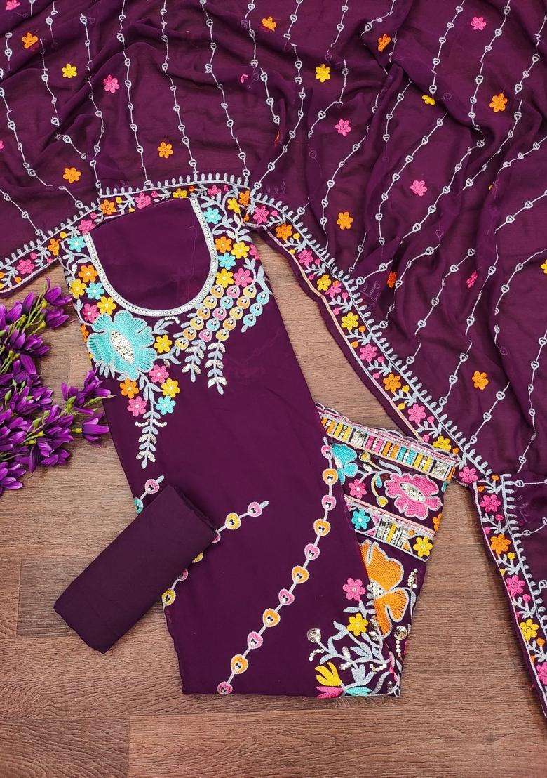Purple Embroidery Georgette Kurta Set - Indya