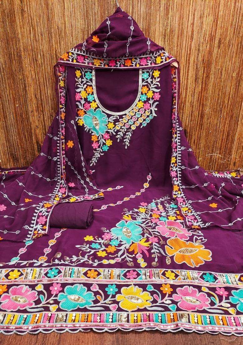 Purple Embroidery Georgette Kurta Set - Indya