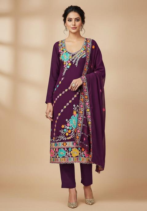 Purple Embroidery Georgette Kurta Set
