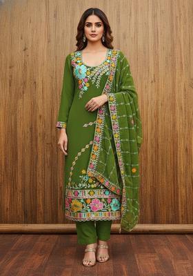 Green Embroidery Georgette Kurta Set