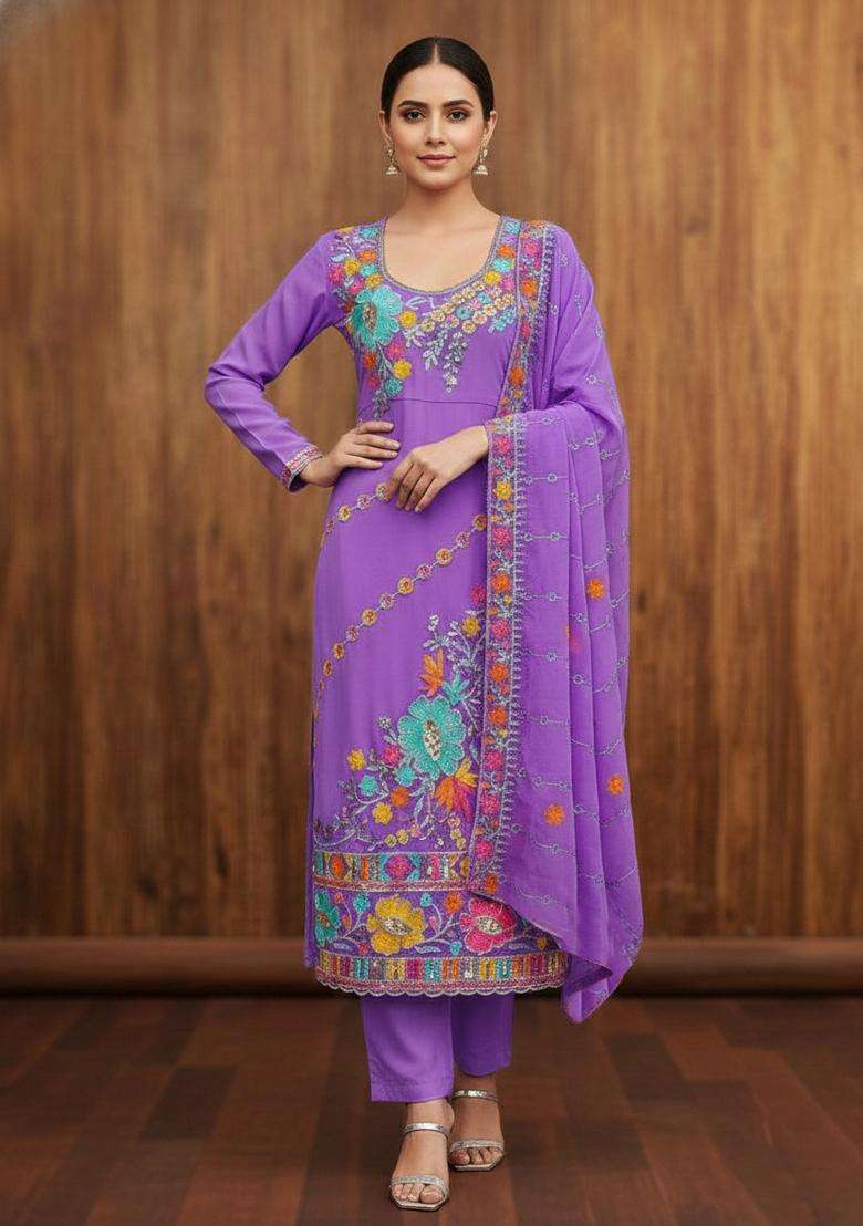 Lavender Embroidery Georgette Kurta Set - Indya