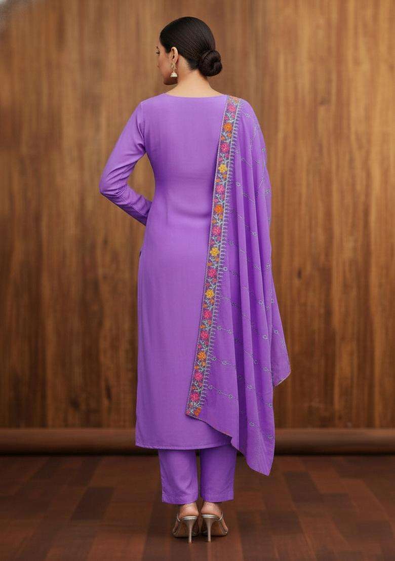 Lavender Embroidery Georgette Kurta Set - Indya