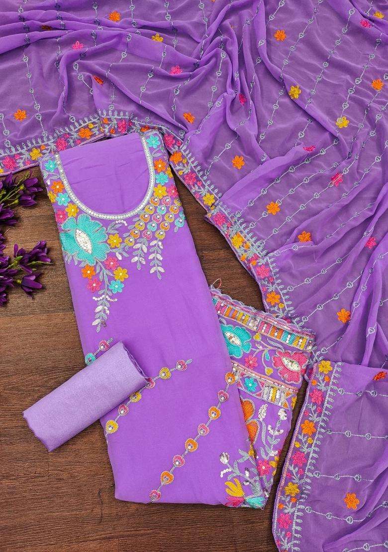 Lavender Embroidery Georgette Kurta Set - Indya