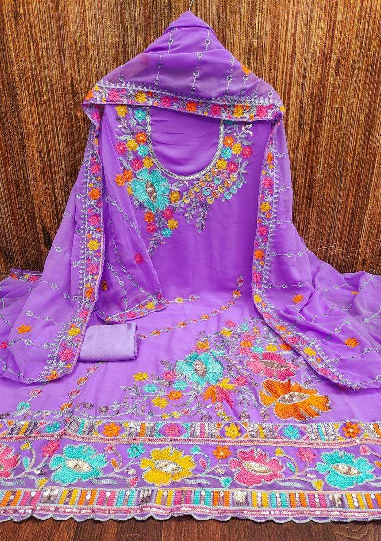 Lavender Embroidery Georgette Kurta Set - Indya