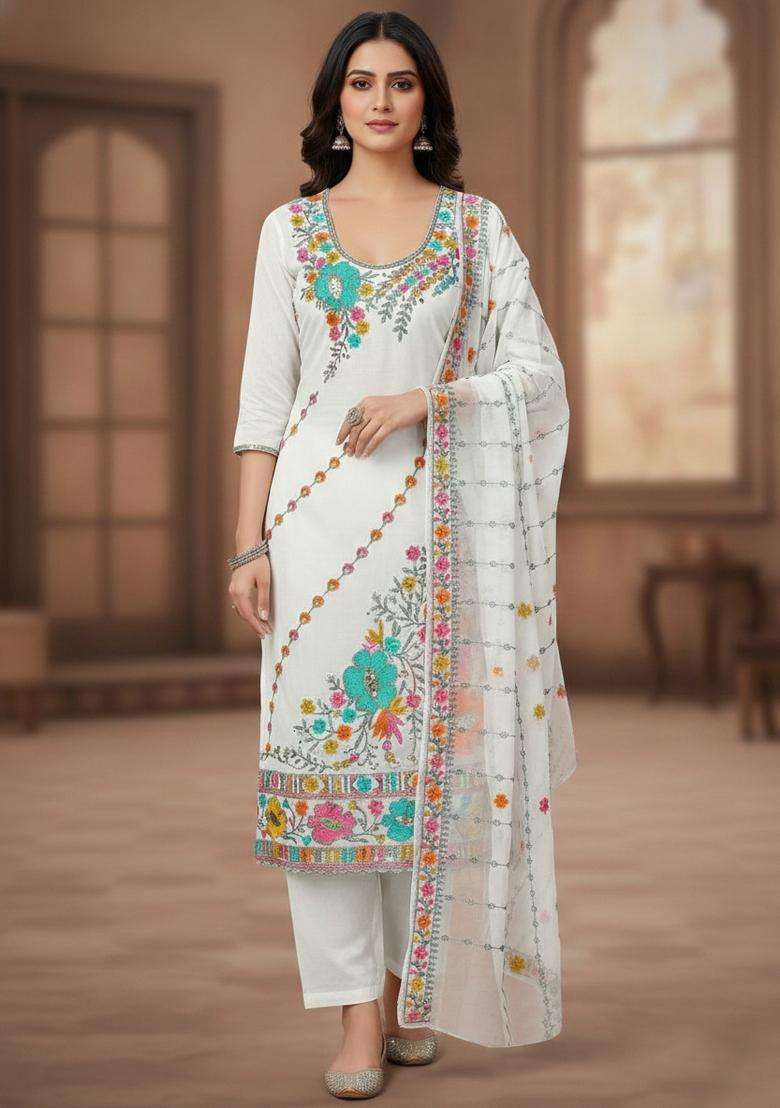 White Embroidery Georgette Kurta Set - Indya