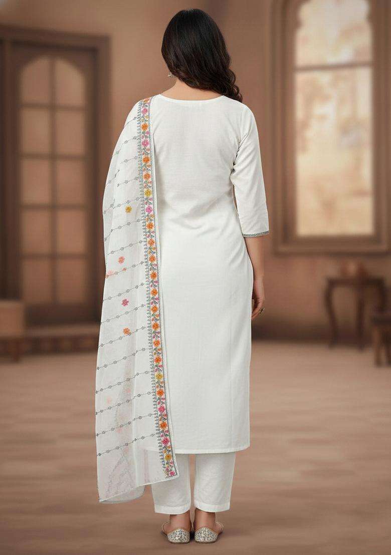 White Embroidery Georgette Kurta Set - Indya