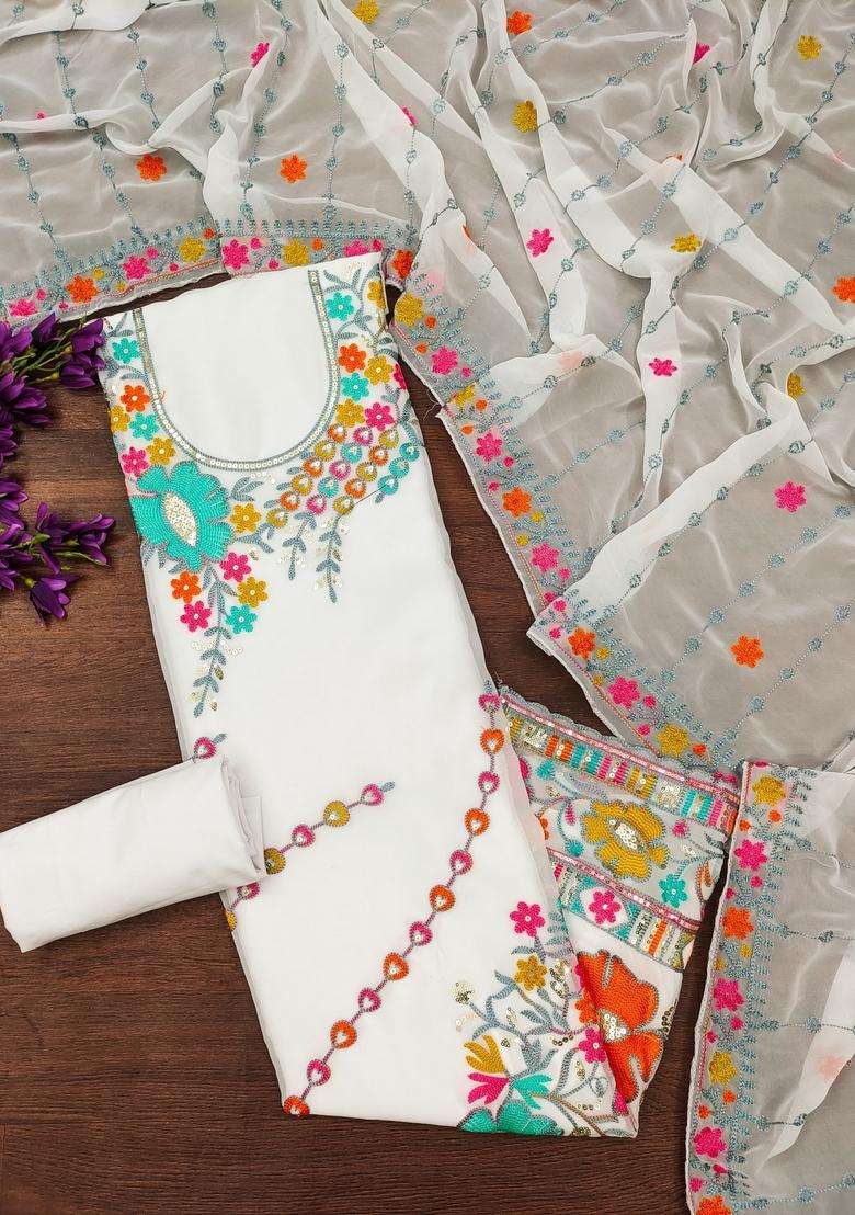 White Embroidery Georgette Kurta Set - Indya