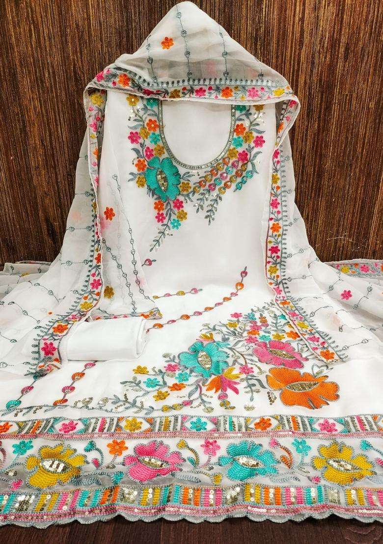White Embroidery Georgette Kurta Set - Indya