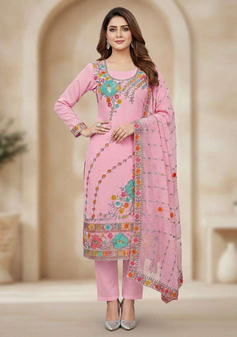 Pink Embroidery Georgette Kurta Set - Indya