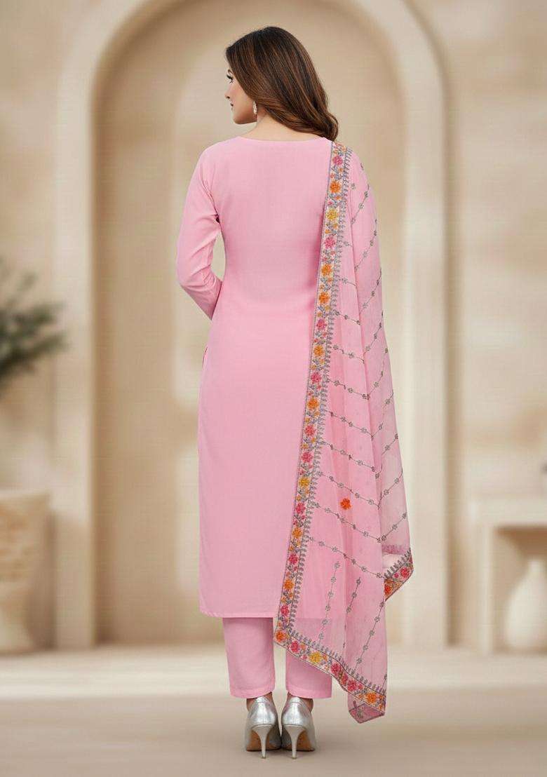Pink Embroidery Georgette Kurta Set - Indya