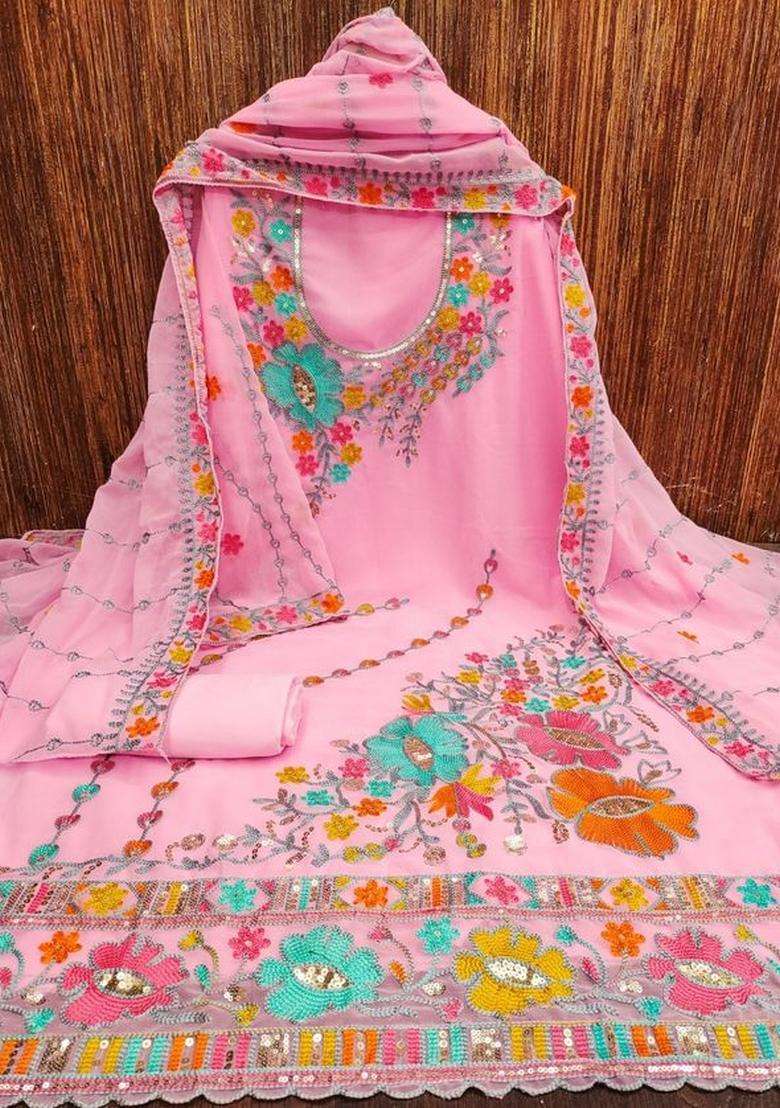 Pink Embroidery Georgette Kurta Set - Indya