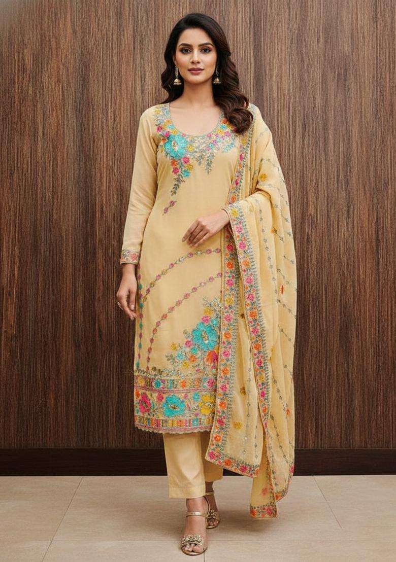 Beige Embroidery Georgette Kurta Set - Indya