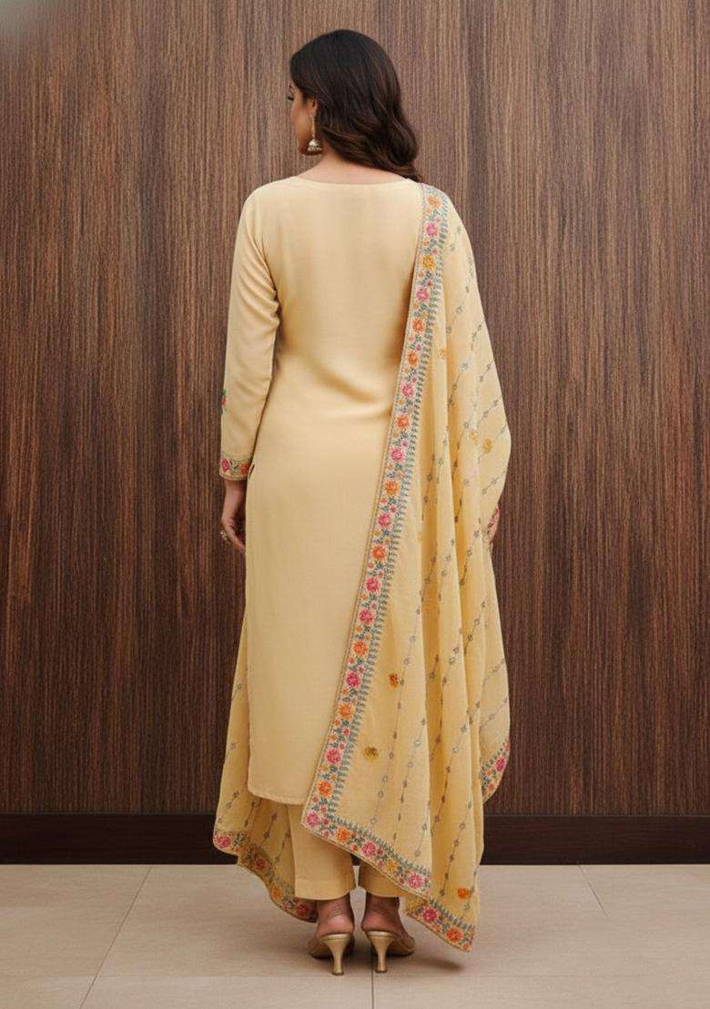 Beige Embroidery Georgette Kurta Set - Indya