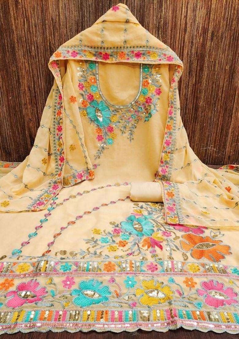 Beige Embroidery Georgette Kurta Set - Indya