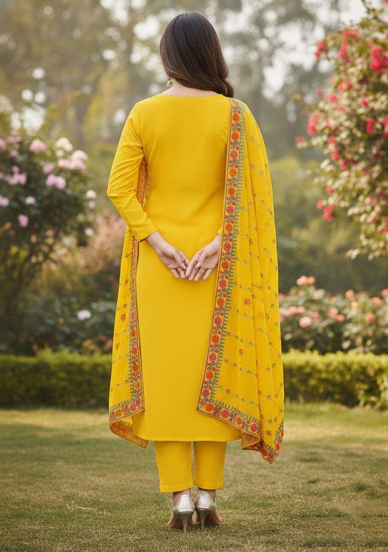 Yellow Embroidery Georgette Kurta Set - Indya