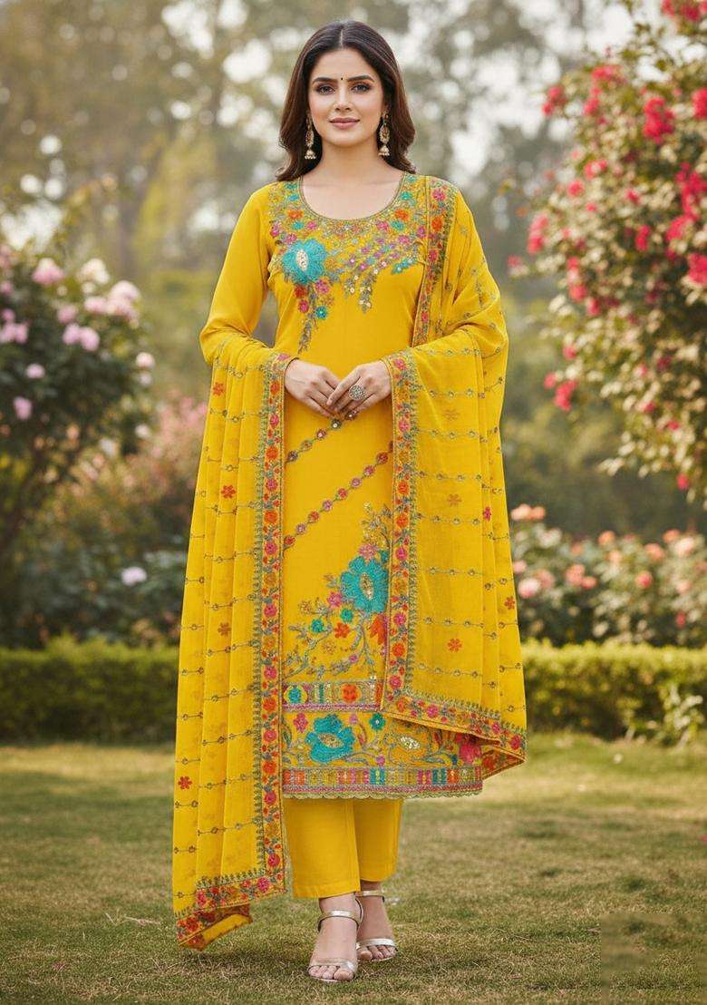 Yellow Embroidery Georgette Kurta Set - Indya