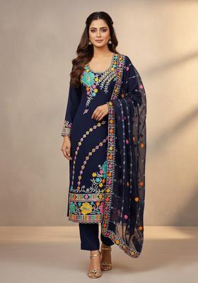 Navy Blue Embroidery Georgette Kurta Set