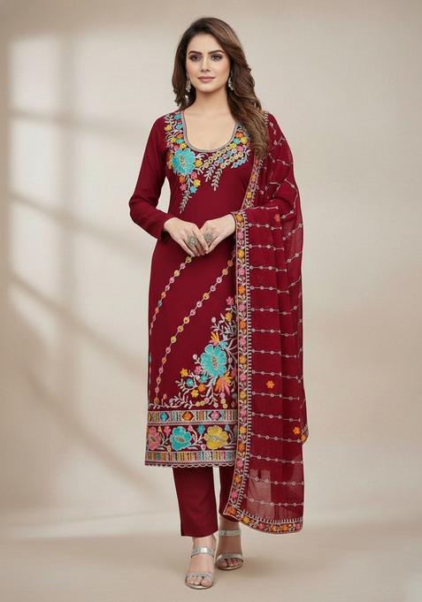 Red Embroidery Georgette Kurta Set