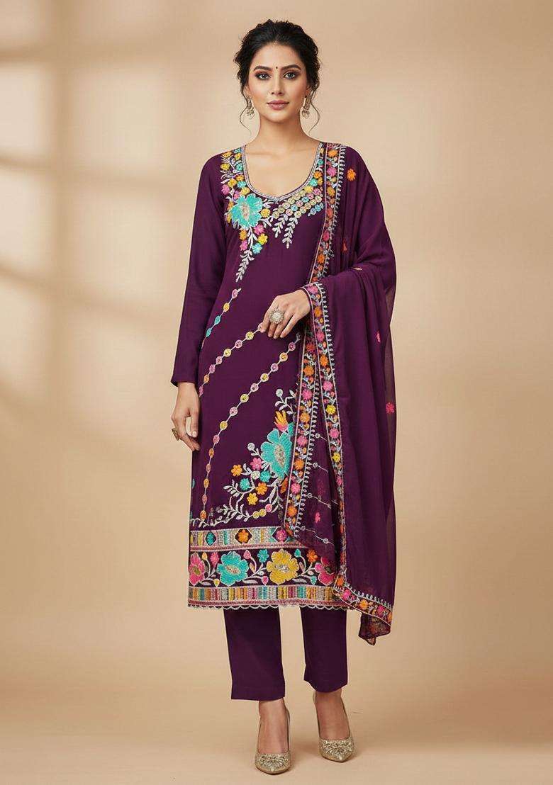 Purple Embroidery Georgette Kurta Set - Indya