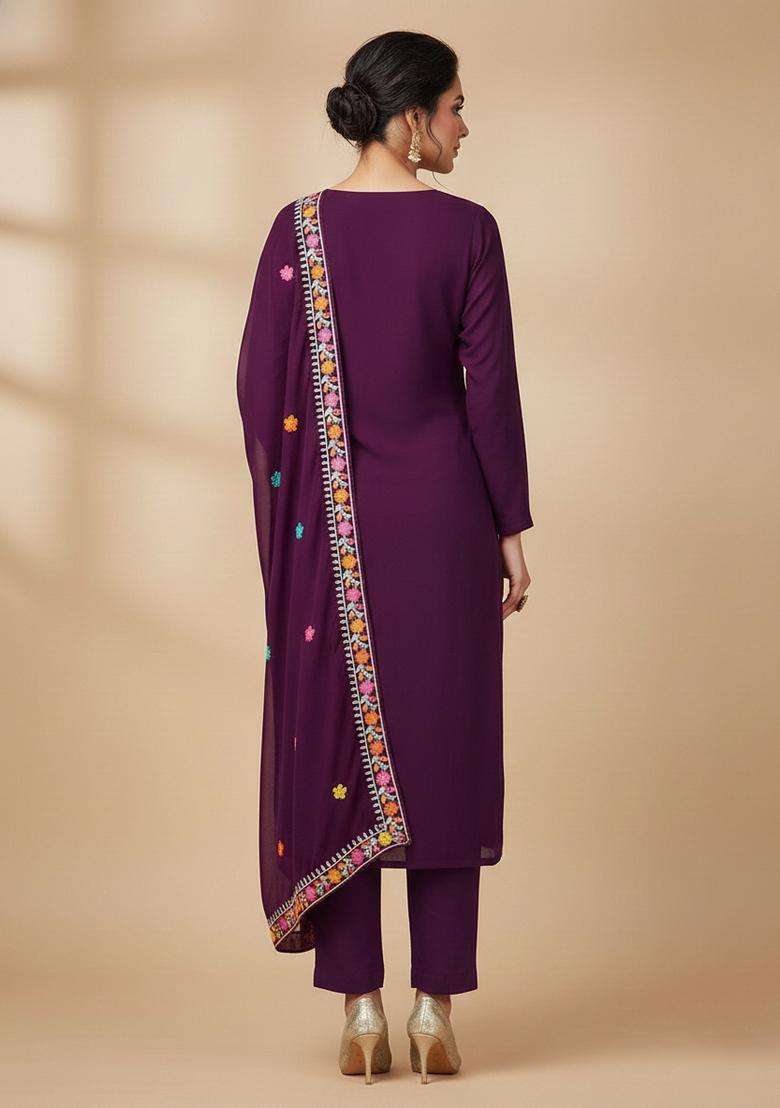 Purple Embroidery Georgette Kurta Set - Indya