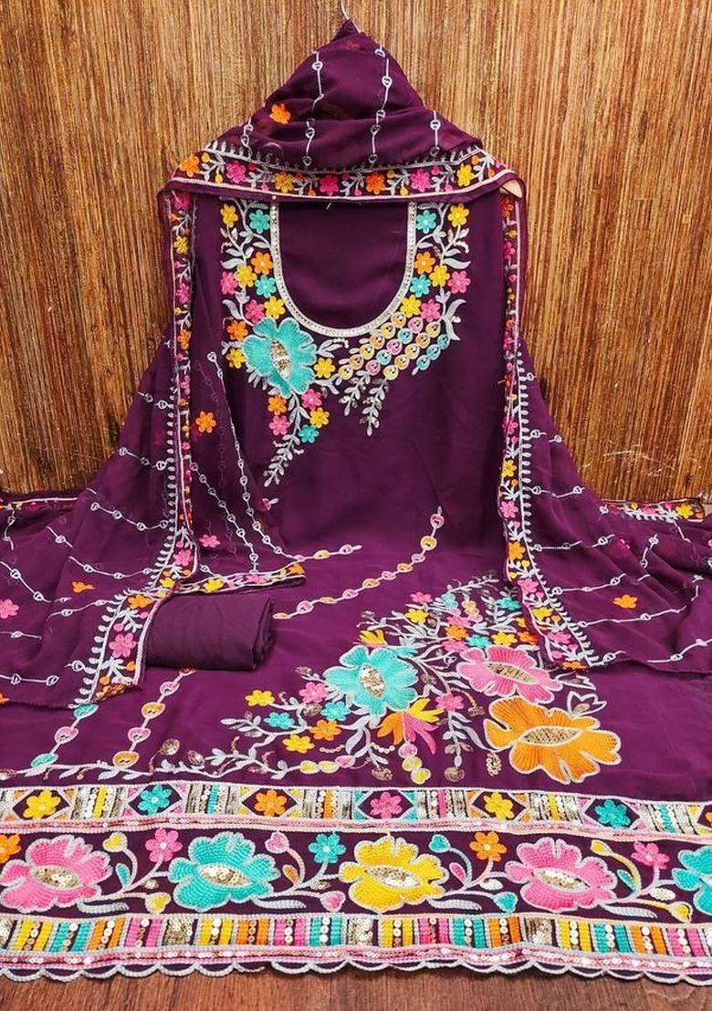 Purple Embroidery Georgette Kurta Set - Indya
