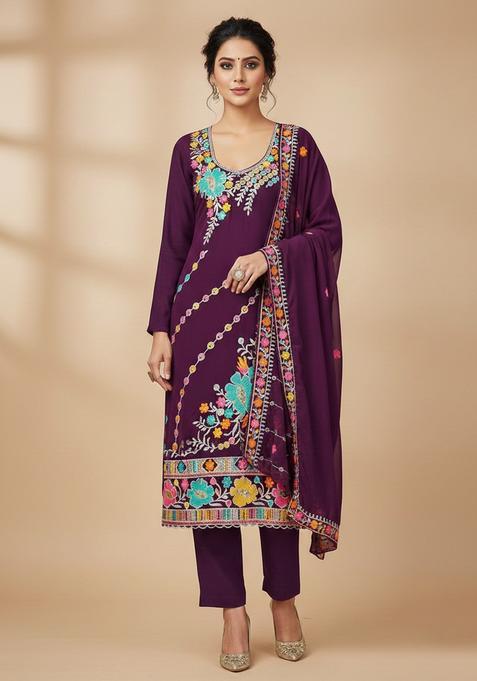 Purple Embroidery Georgette Kurta Set
