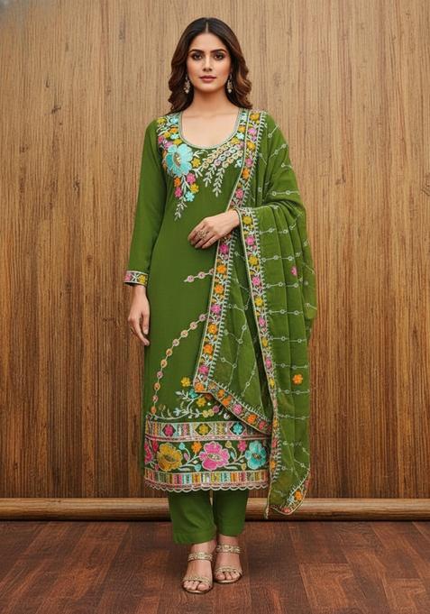 Green Embroidery Georgette Kurta Set